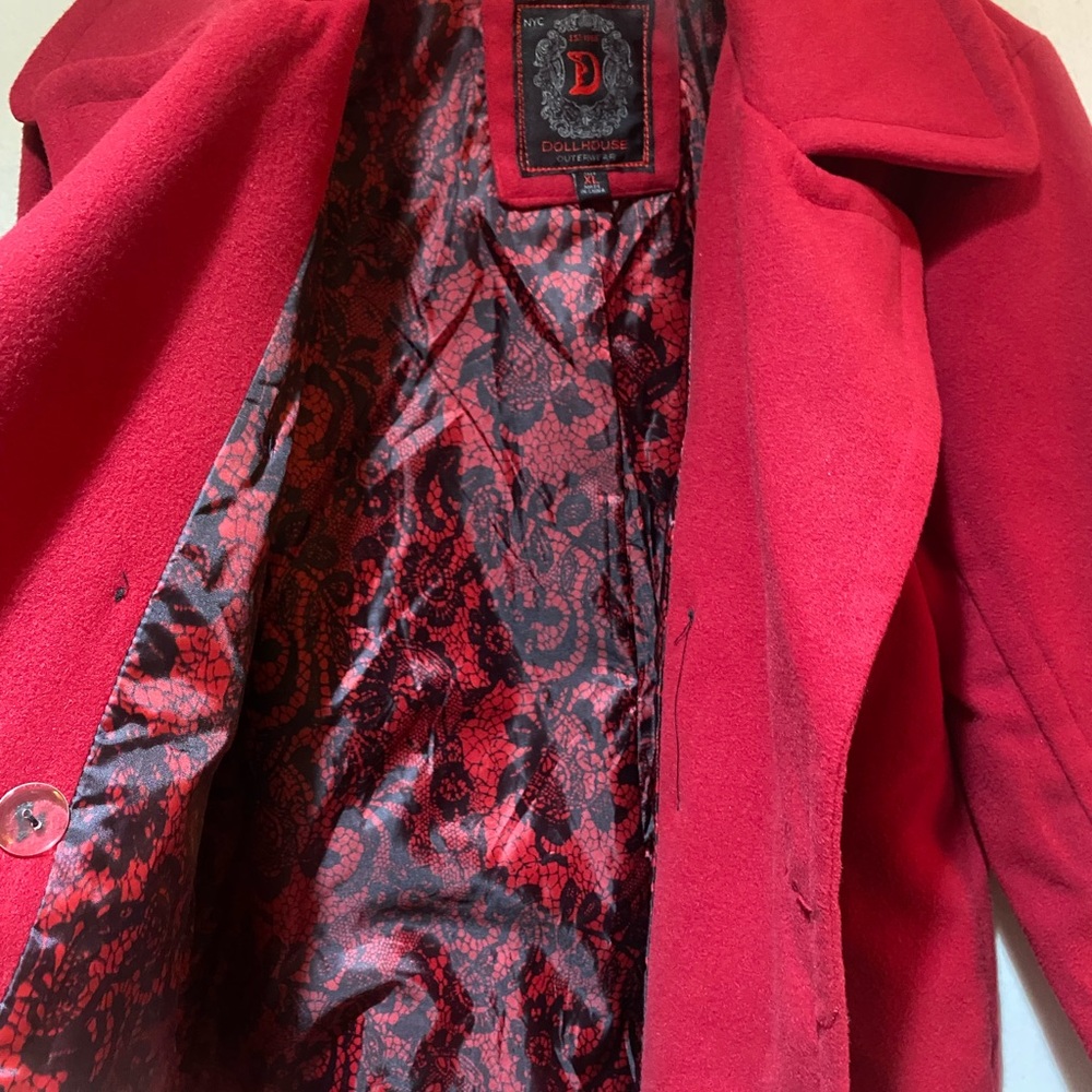 Dollhouse Vibrant Red Button Zip Pocket Black Elbow patches Pea Coat XL - Picture 2 of 7